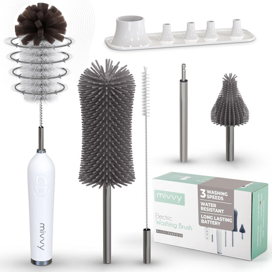 Electric Bottle Brush Cleaner – Stainless-Steel Design 3-Speed Modes Extendable for Easy Reach – Baby Bottle Brush Set with Removable (Silicone/Nylon/Straw) Heads Includes Space-Saving Stand