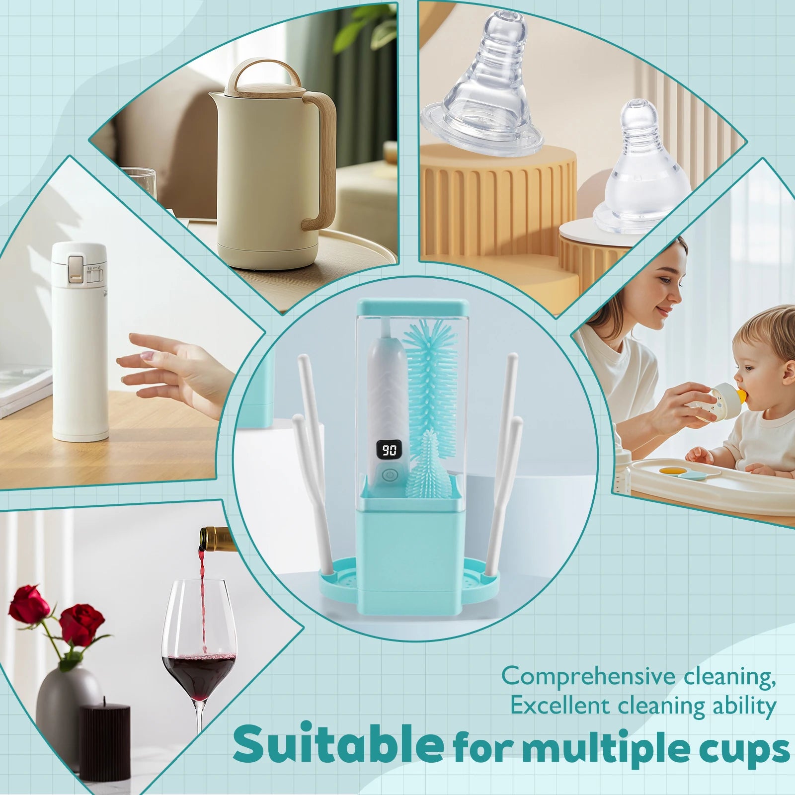 Multifunctional Electric Cup Brush Kitchen Glass Bottle Cleaning Brush Adjustable Level Rechargeable Tea Cup Baby Bottle Cleaner