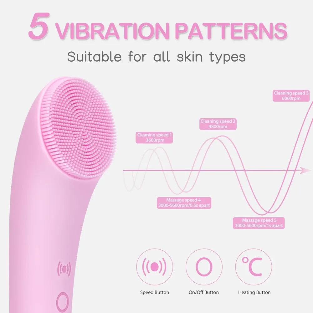 Facial Cleansing Brush, Rechargeable Silicone Face Scrubber with Heat Massage And, Waterproof Face Brush for Women and Men Pink