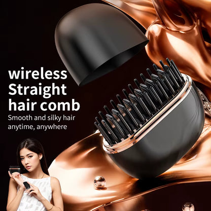 Custom Logo Cordless Hair Straightener Brush, USB Rechargeable Straightening Brush, Mini Portable Hair Straightener Brush