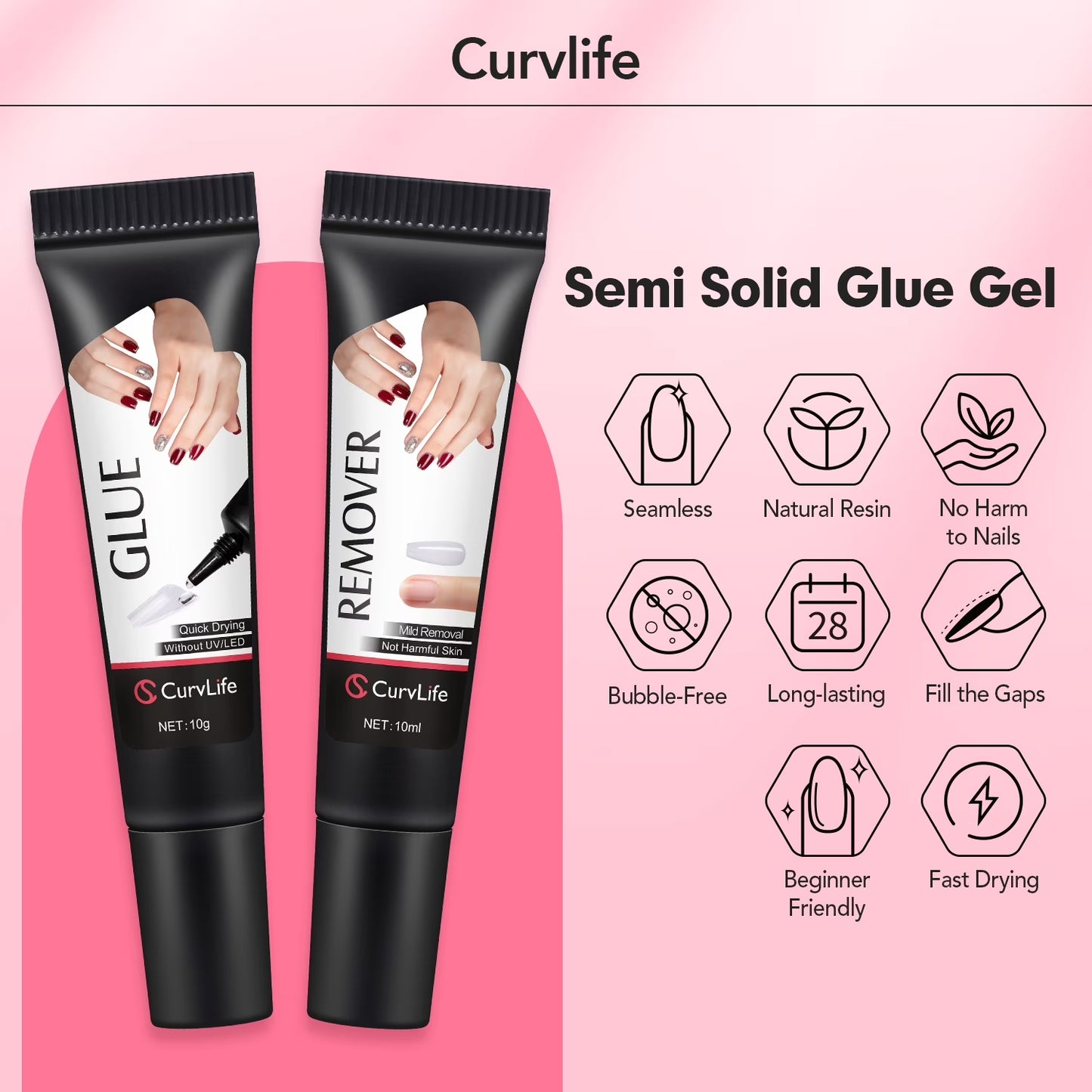 Nail Glue & Liquid Remover Set, Quick-Dry 10G Semi-Solid Glue + 10Ml Non-Acetone Remover (Dropper), No UV Needed, Long-Lasting Hold