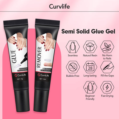 Nail Glue & Liquid Remover Set, Quick-Dry 10G Semi-Solid Glue + 10Ml Non-Acetone Remover (Dropper), No UV Needed, Long-Lasting Hold