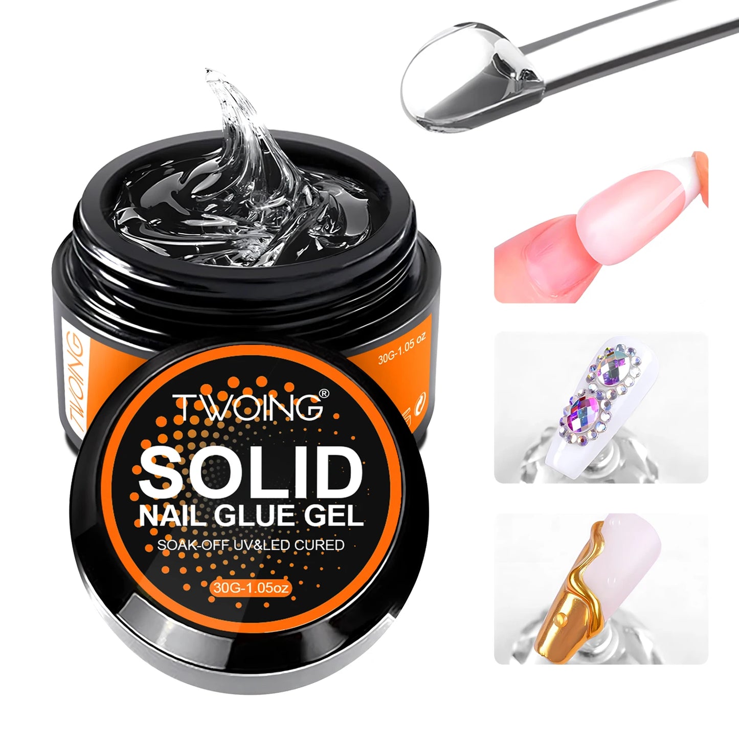30G Solid Nail Glue Gel for False Nail Tips, Huge Capacity Press on Nail Glue Strong Adhesive Solid Rhinestone Glue Gel UV Glue