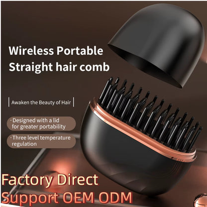 Custom Logo Cordless Hair Straightener Brush, USB Rechargeable Straightening Brush, Mini Portable Hair Straightener Brush