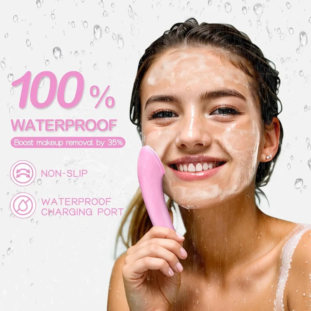 Facial Cleansing Brush, Rechargeable Silicone Face Scrubber with Heat Massage And, Waterproof Face Brush for Women and Men Pink