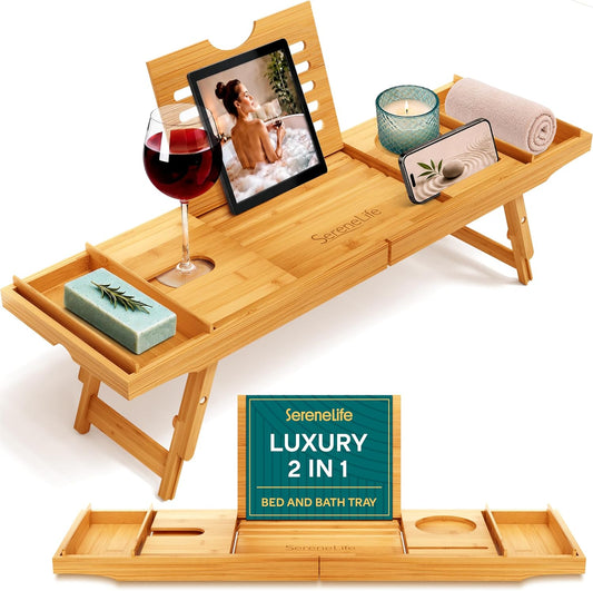 Bath Caddy Breakfast Tray Combo - Natural Bamboo Wood Waterproof Tub and Bed with Folding Slide-Out Arms, Device Grooves, Wine Glass Soap Holder