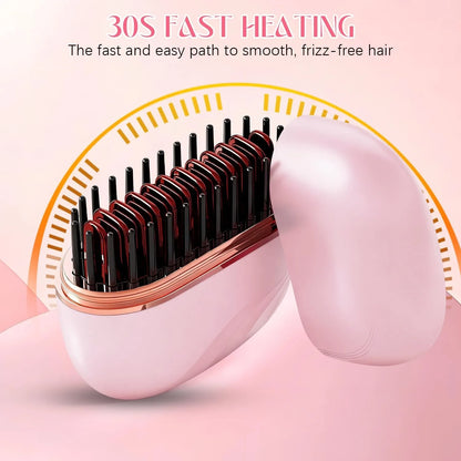 Mini Rechargeable Hair Straightener Brush: 3-Speed Temp Control, Anti-Scald Shell, Lightweight & Portable for Travel